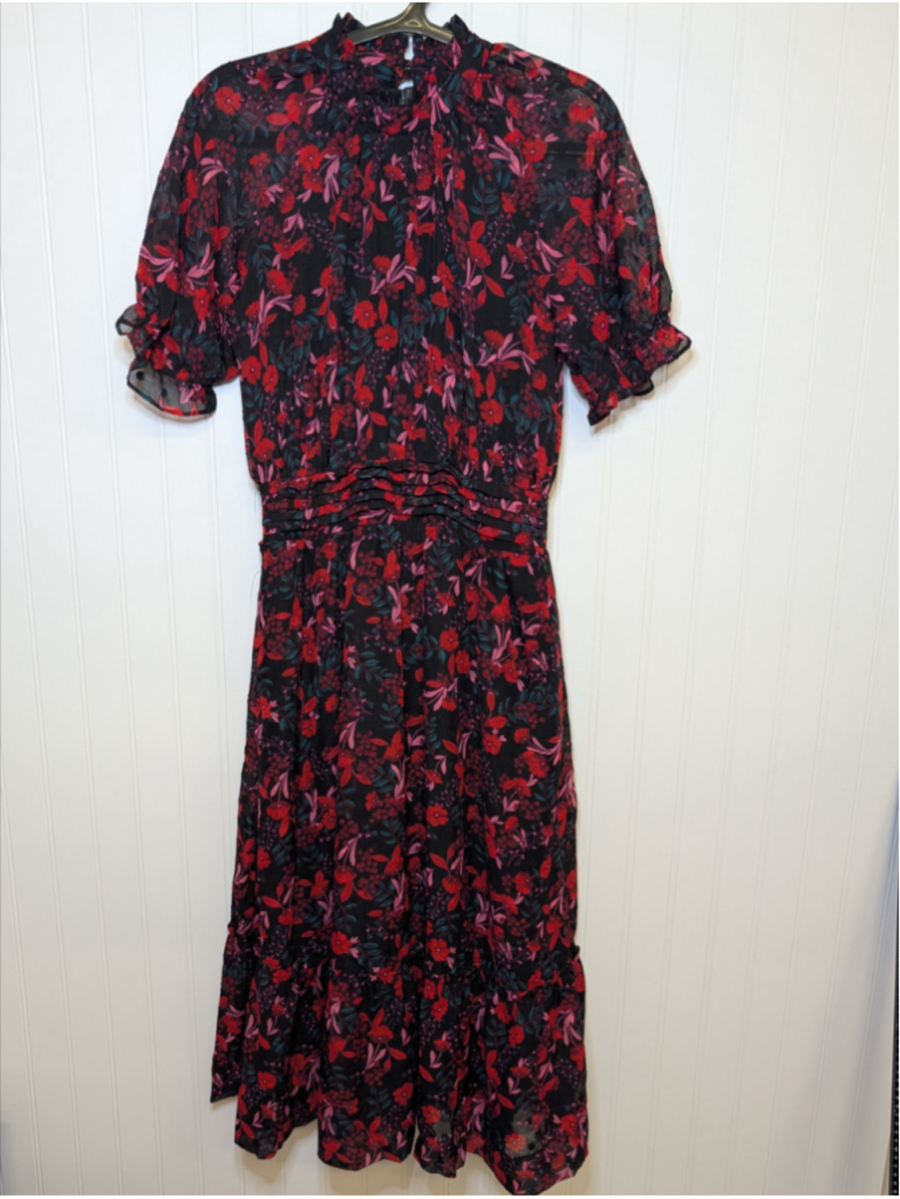 Draper James Clip Dot Floral Puff Sleeve Smocked Midi Dress XS Black Red - Picture 1 of 8